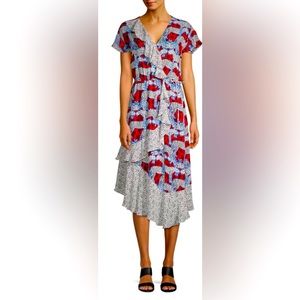 Parker Reina Leopards Print Faux Wrap High/Low Flounced Midi Dress